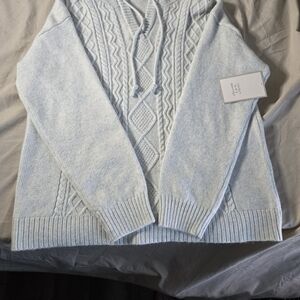 Calligraphie Cable Knit Hooded Sweater‎ Medium Light Blue NWT